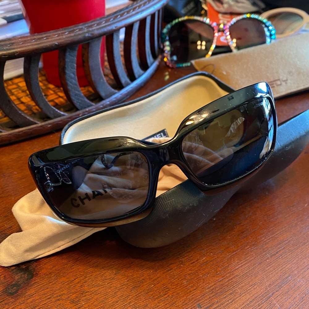Chanel black old style curved sunglasses w/cases